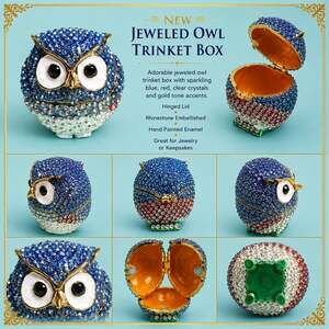 Jeweled Owl Hinged Trinket Box with Blue and Clear Rhinestone Embellishments